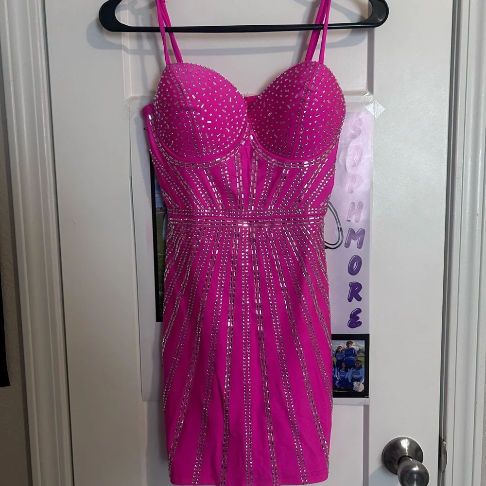 Windsor Hot Pink Rhinestone Mini Dress - Picture 1 of 2